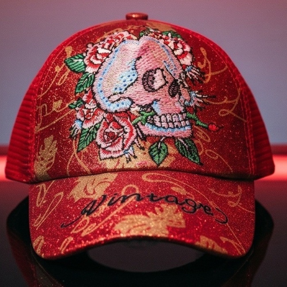 Misfits Red Glitter Skull‎ Rose Trucker Hat Vintage Embroidered Snapback Cap